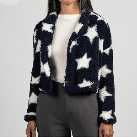 House of Martha Jackets & Blazers - Handmade Cropped Fuzzy Navy Star 1 Button Jacket Elastic Waist and Cuffs